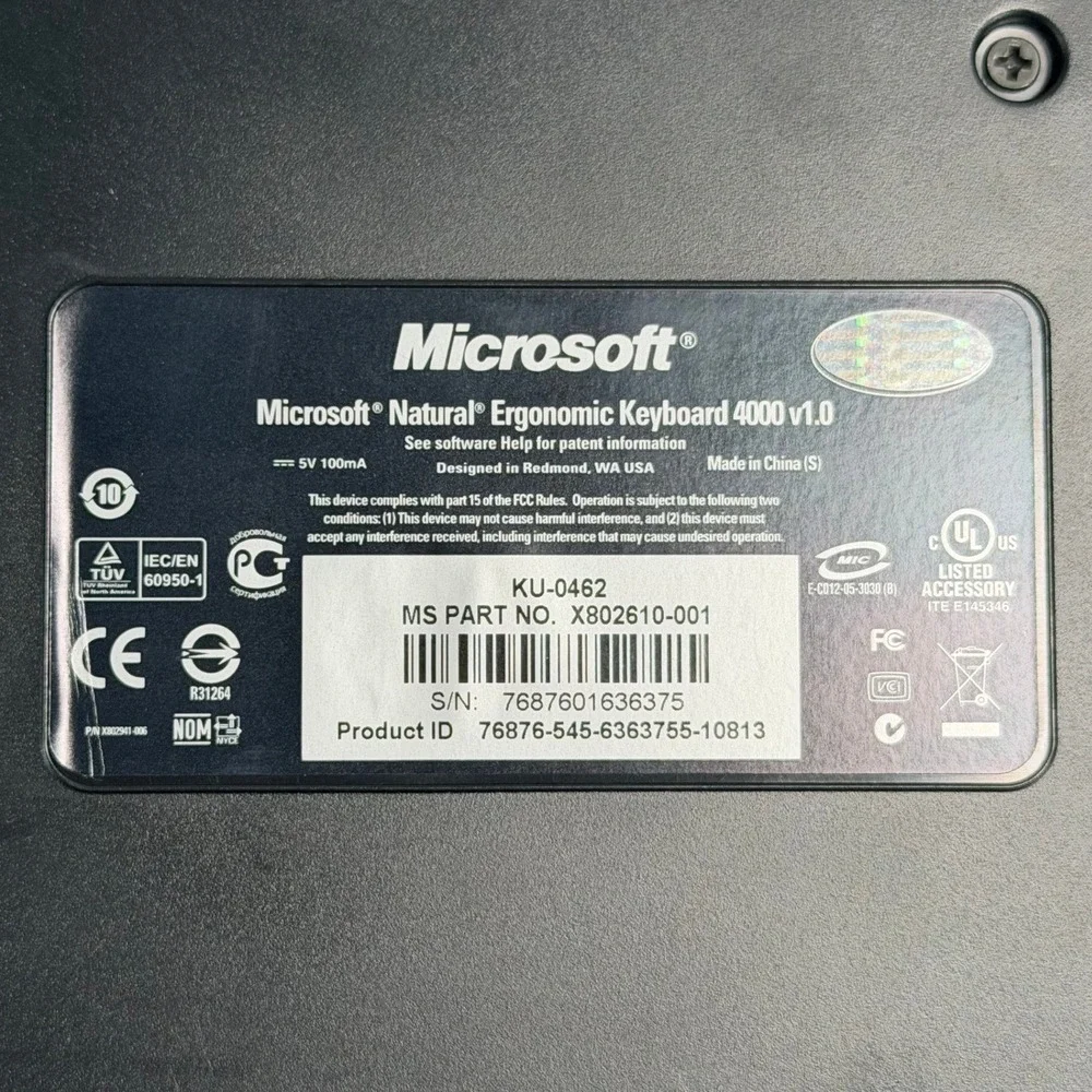 Microsoft‎ Natural Ergonomic Keyboard 4000v1.0 Silver/Black KU-0462 *Working
